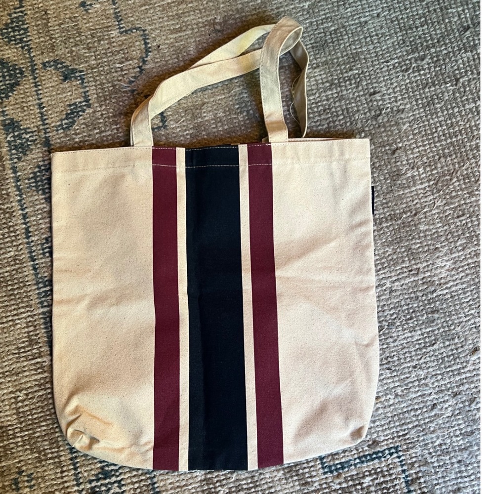 Striped Canvas Tote Bag Thom Cream Navy Burgundy Floral Lining Reusable Shopper
